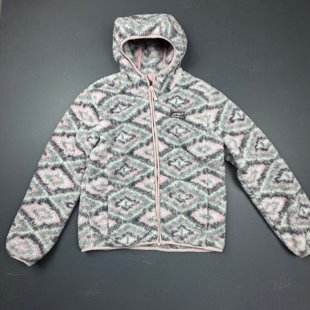 Eddie Bauer Girl M Pink Gray Sherpa Fleece Hoodie Full Zip Jacket Soft Warm Wear